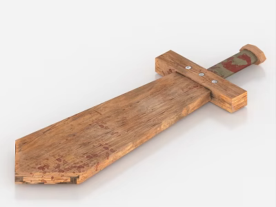Handmade Wooden Weapon Sword With Carved Handle And Red Stained Blade 3d model