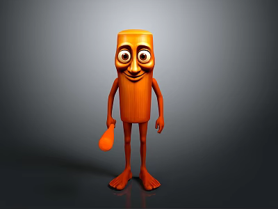 Orange Cartoon Character With Large Eyes Smiling Face Arms Legs Feet Holding Small Object 3d model