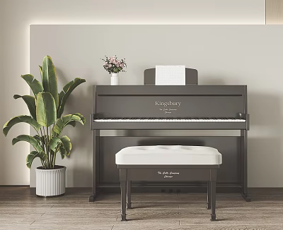 Classic Piano Interior With Stool Plant And Vase 3d model