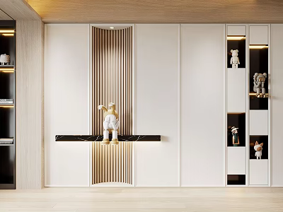 Modern Sofa Background Wall Design With Wooden Slats White Panels And Decorative Figurines 3d model