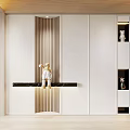 Modern Sofa Background Wall Design With Wooden Slats White Panels And Decorative Figurines