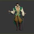 3D Male Character In Green White Outfit Yellow Pants Holding Tray With Cups And Sword