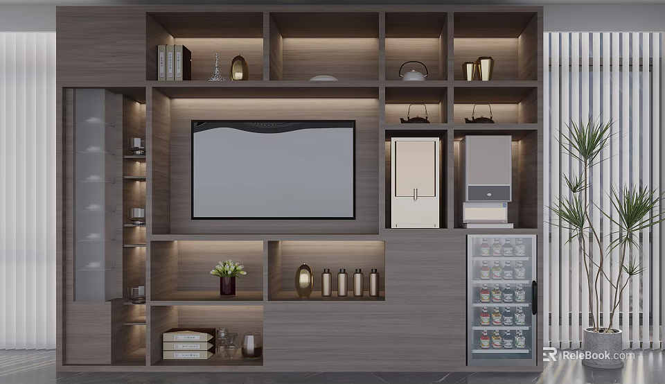 Lighted Modern TV Stand With Layered Open Shelves And Decorative Items Like Books Vase 3d model 