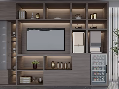 Lighted Modern TV Stand With Layered Open Shelves And Decorative Items Like Books Vase 3d model