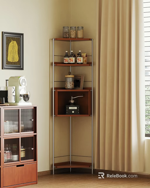 Room Interior With Metal Frame Multi Layer Shelf Jars Bottles And Glass Door Cabinet 3d model 