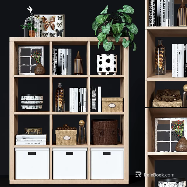 Modern Wooden Bookshelf Design With Shelves Books Decorative Items Green Plant Vase Baskets And Drawers 3d model 