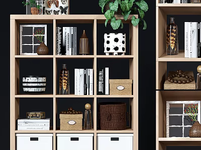 Modern Wooden Bookshelf Design With Shelves Books Decorative Items Green Plant Vase Baskets And Drawers 3d model