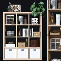 Modern Wooden Bookshelf Design With Shelves Books Decorative Items Green Plant Vase Baskets And Drawers