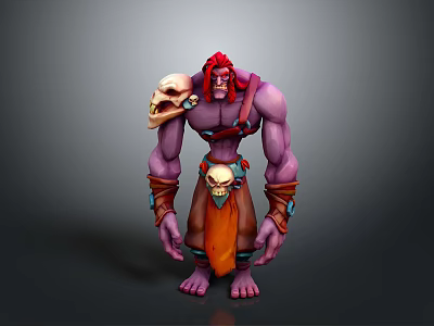 Purple Skinned Fantasy Creature Character With Red Hair Skull Decorations Arm Bracers And Orange Garment 3d model