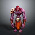 Purple Skinned Fantasy Creature Character With Red Hair Skull Decorations Arm Bracers And Orange Garment