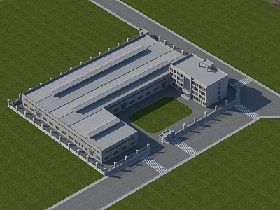Industrial Factory Building Featuring Multi Story Structure Central Open Space Green Lawn And Paved Roads 3d model