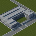 Industrial Factory Building Featuring Multi Story Structure Central Open Space Green Lawn And Paved Roads
