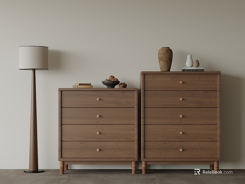 Wooden Entryway Cabinet and Side Cabinet with Drawers Decorative Vases on Top and Floor Lamp 3d model 