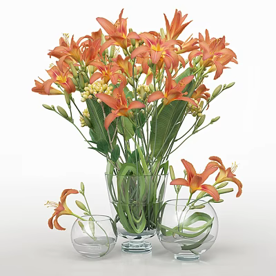 Decorative Transparent Glass Vase With Orange Flowers Green Leaves And Buds For Home Decor 3d model