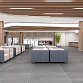 Modern Service Hall Interior With Wooden Ceiling Waiting Seats And Decorative Painting