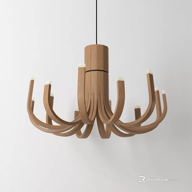 Wooden Chandelier With Modern Curved Arms And Multiple Light Fixtures For Home Decor 3d model 