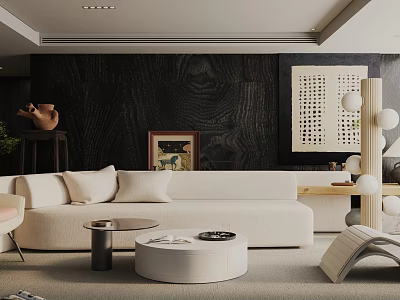 Elegant Modern Living Room With Cream Sofa Round Coffee Table And Dark Wooden Accent Wall 3d model