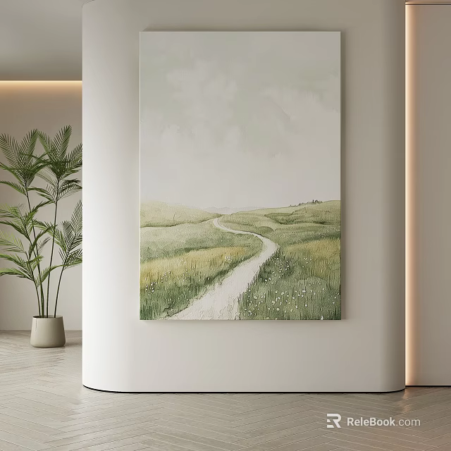 Modern Abstract Painting Featuring Soft Green Fields Winding Path And White Cloudy Sky 3d model