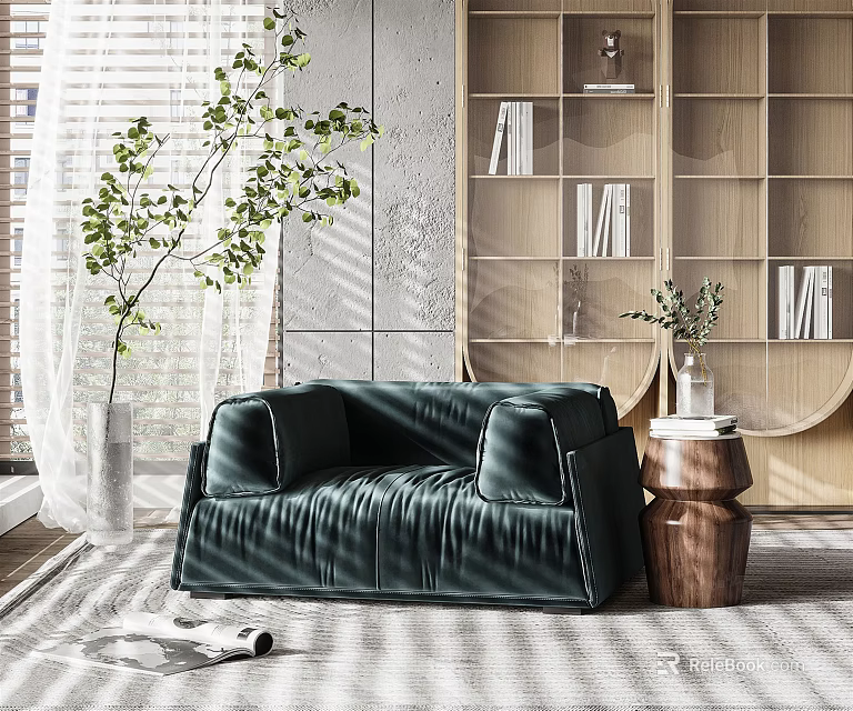 Green Leather Sectional Sofa With Wooden Side Table Vase Plant White Blinds And Striped Rug 3d model 