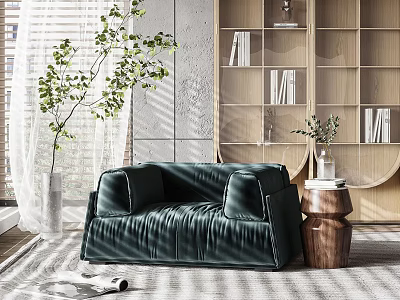 Green Leather Sectional Sofa With Wooden Side Table Vase Plant White Blinds And Striped Rug 3d model