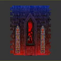 Gothic Style Architecture With Stained Glass Windows Red Blue Lighting Stone Walls And Entrance