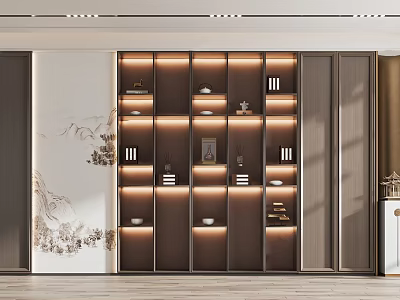 Chinese Style Wooden Decorative Cabinet With Layered Shelves LED Lighting And Ornaments 3d model