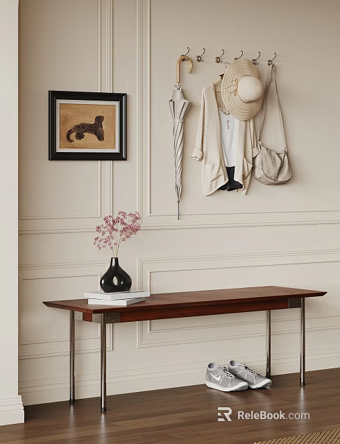 Entryway Interior With Wooden Console Table Black Vase Pink Flowers And Framed Artwork 3d model 