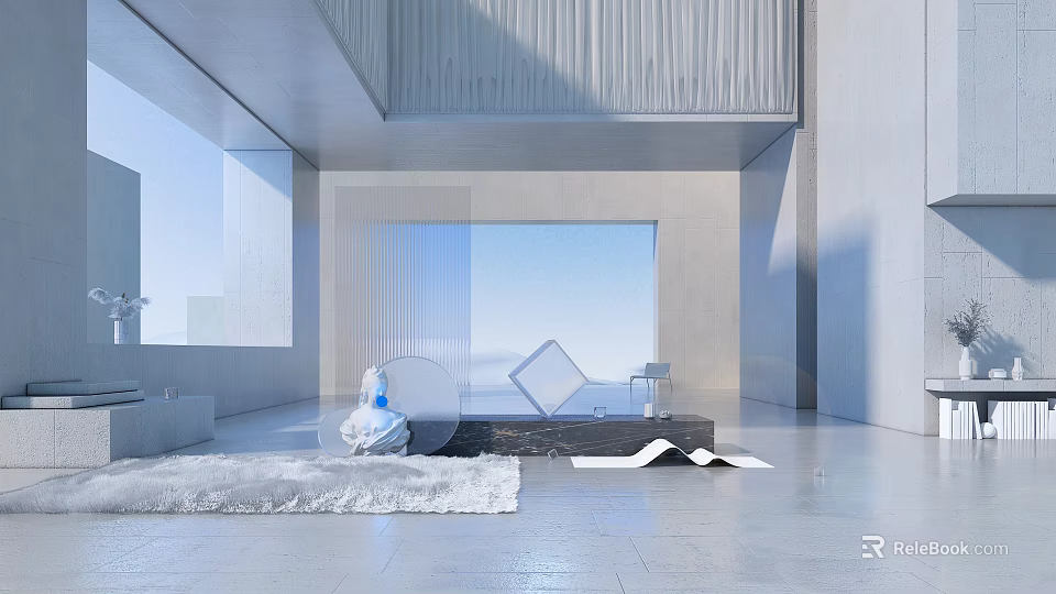 Modern Luxury Living Room With Large Windows Sea View Sofa Carpet And Minimalist Design 3d model 