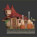 Cartoon House Scene With Red Pointed Roof Brown Walls Green Vines And Orange Towers