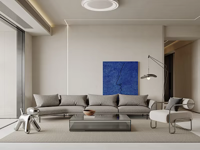 Modern Living and Dining Room Interior With Sofa Coffee Table Blue Painting And Floor Lamp 3d model