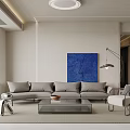 Modern Living and Dining Room Interior With Sofa Coffee Table Blue Painting And Floor Lamp
