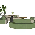 Green Curved Banquette Sofa With Round Tables And Potted Plants In Living Space