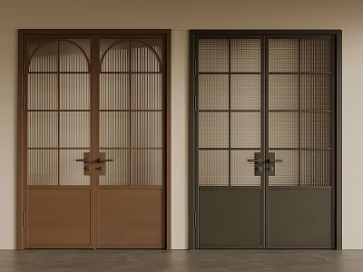 Two Stylish Interior Doors Featuring Arched Glass And Grid Design In Brown Dark Gray 3d model