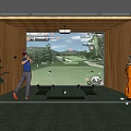 Modern Entertainment Room With Golf Practice Large Screen Course Display Clubs Mats And Green Carpet