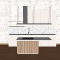 Modern Kitchen With Brick Wall Cabinets Wooden Island And Speckled Countertop