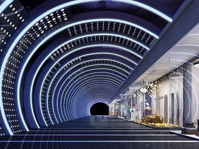 Modern Shopping Mall Lobby With Arched Blue Lighting Corridor And Store Windows 3d model