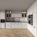 Contemporary White Kitchen With Marble Countertop Island Black Appliances And Wooden Flooring