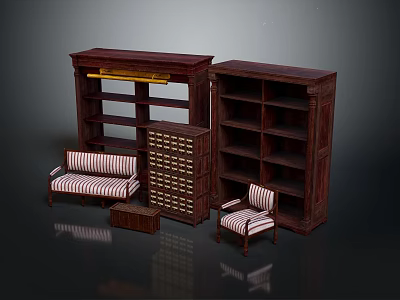 Dark Wooden Furniture Set With Bookshelves Sofa Chair Drawer Cabinet And Side Table 3d model