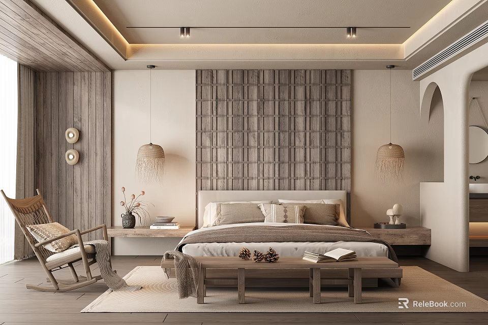 Modern Hotel Guest Room Interior With Wooden Grid Headboard Hanging Lamps And Rocking Chair 3d model 