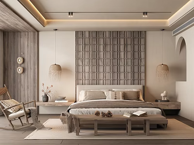 Modern Hotel Guest Room Interior With Wooden Grid Headboard Hanging Lamps And Rocking Chair 3d model
