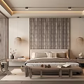 Modern Hotel Guest Room Interior With Wooden Grid Headboard Hanging Lamps And Rocking Chair