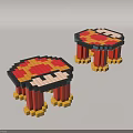 Lego Style Pixel Art Sofa Stools With Red Yellow Black Mushroom Pattern Tops 3d model