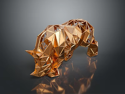 Golden Polygonal Bull Sculpture on Dark Background with Shiny Reflection 3d model