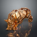 Golden Polygonal Bull Sculpture on Dark Background with Shiny Reflection