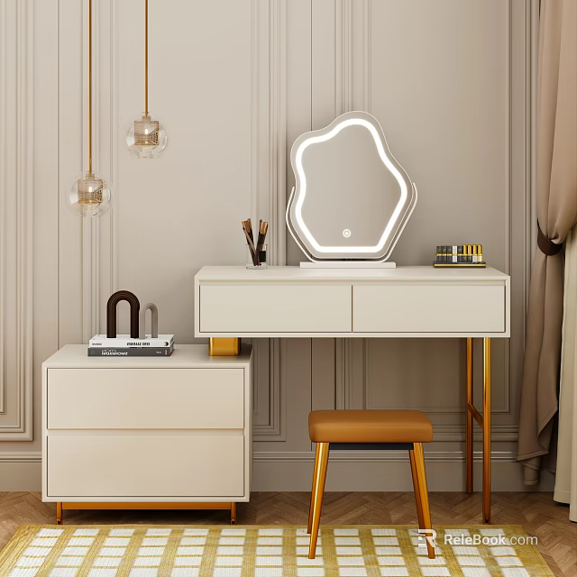 Stylish White Dressing Table With Golden Legs Unique Shaped Mirror Orange Stool And Makeup Tools 3d model 