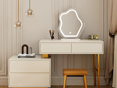 Stylish White Dressing Table With Golden Legs Unique Shaped Mirror Orange Stool And Makeup Tools 3d model