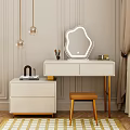 Stylish White Dressing Table With Golden Legs Unique Shaped Mirror Orange Stool And Makeup Tools
