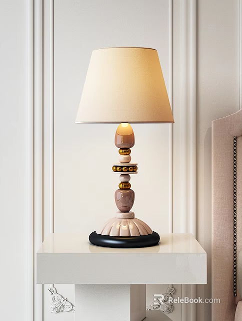 Decorative Cream Colored Lampshade Table Lamp With Beaded Column Golden Rings Black Base 3d model 