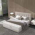 Elegant Double Bed With Upholstered Headboard Mattress Wooden Wall And Green Plant