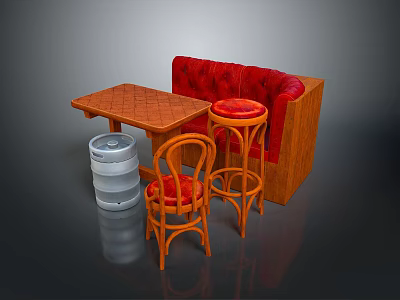 Wooden Dining Table With Red Tufted Banquette Sofa Orange Bar Stools And Silver Keg 3d model